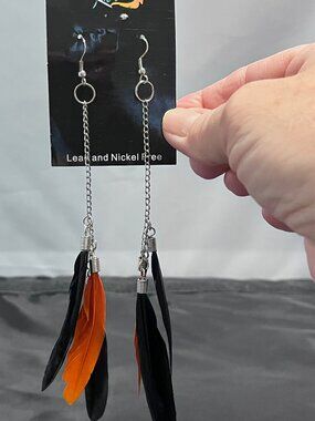 New Sassy Feathers Orange & Black Pierced Lead & Nickel Free Dangled Earrings